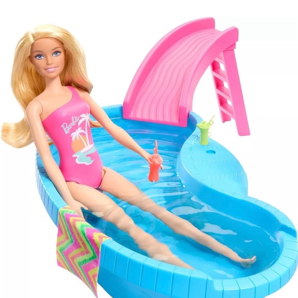 Barbie Doll and Pool Playset, Blonde in Tropical Pink One-Piece Swimsuit New - Picture 4 of 5